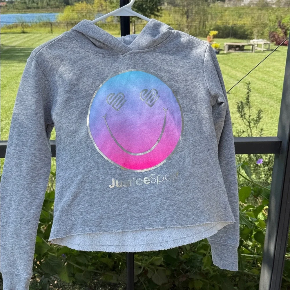 Justice Sport 10 gray smiley face Crop sweatshirt Hoodie